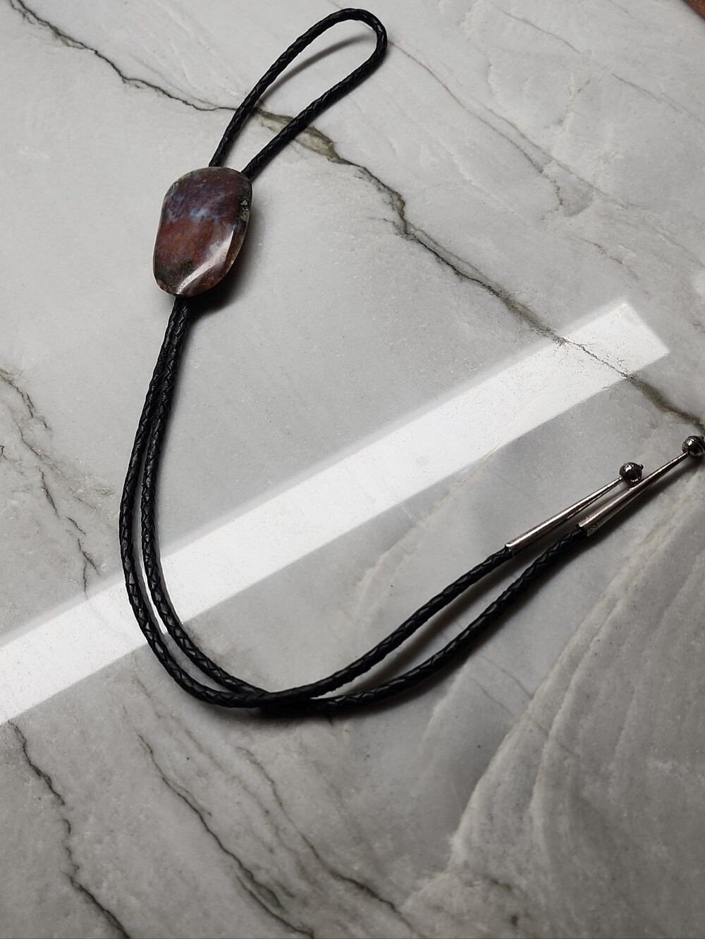 Men's Black Leather Moss Agate Bolo Tie